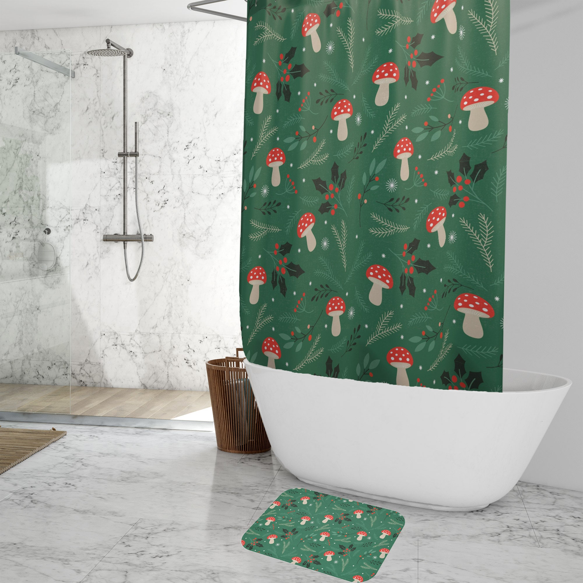 Green Mushroom Shower Curtain for Bathroom, Botanical Plant Leaves Theme
