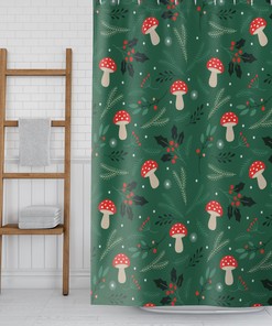 Green Mushroom Shower Curtain for Bathroom, Botanical Plant Leaves Theme