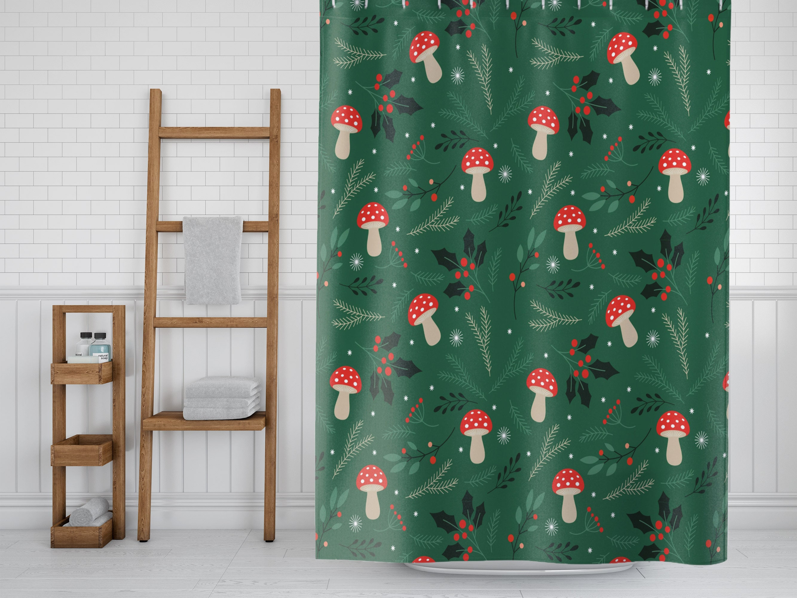 Green Mushroom Shower Curtain for Bathroom, Botanical Plant Leaves Theme