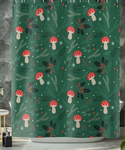 Green Mushroom Shower Curtain for Bathroom, Botanical Plant Leaves Theme