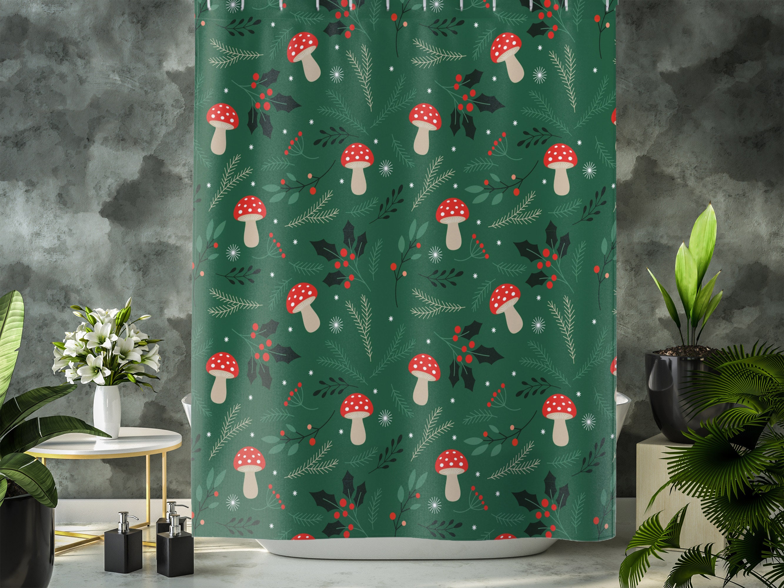 Green Mushroom Shower Curtain for Bathroom, Botanical Plant Leaves Theme