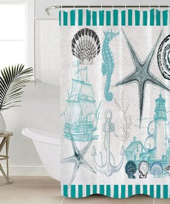 Green Ocean Texture Seashell Lighthouse Seahorse Shower Curtain, Beach Bathroom Decor