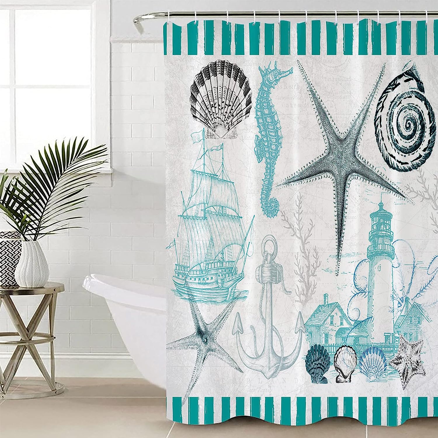 Green Ocean Texture Seashell Lighthouse Seahorse Shower Curtain, Beach Bathroom Decor