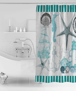 Green Ocean Texture Seashell Lighthouse Seahorse Shower Curtain, Beach Bathroom Decor