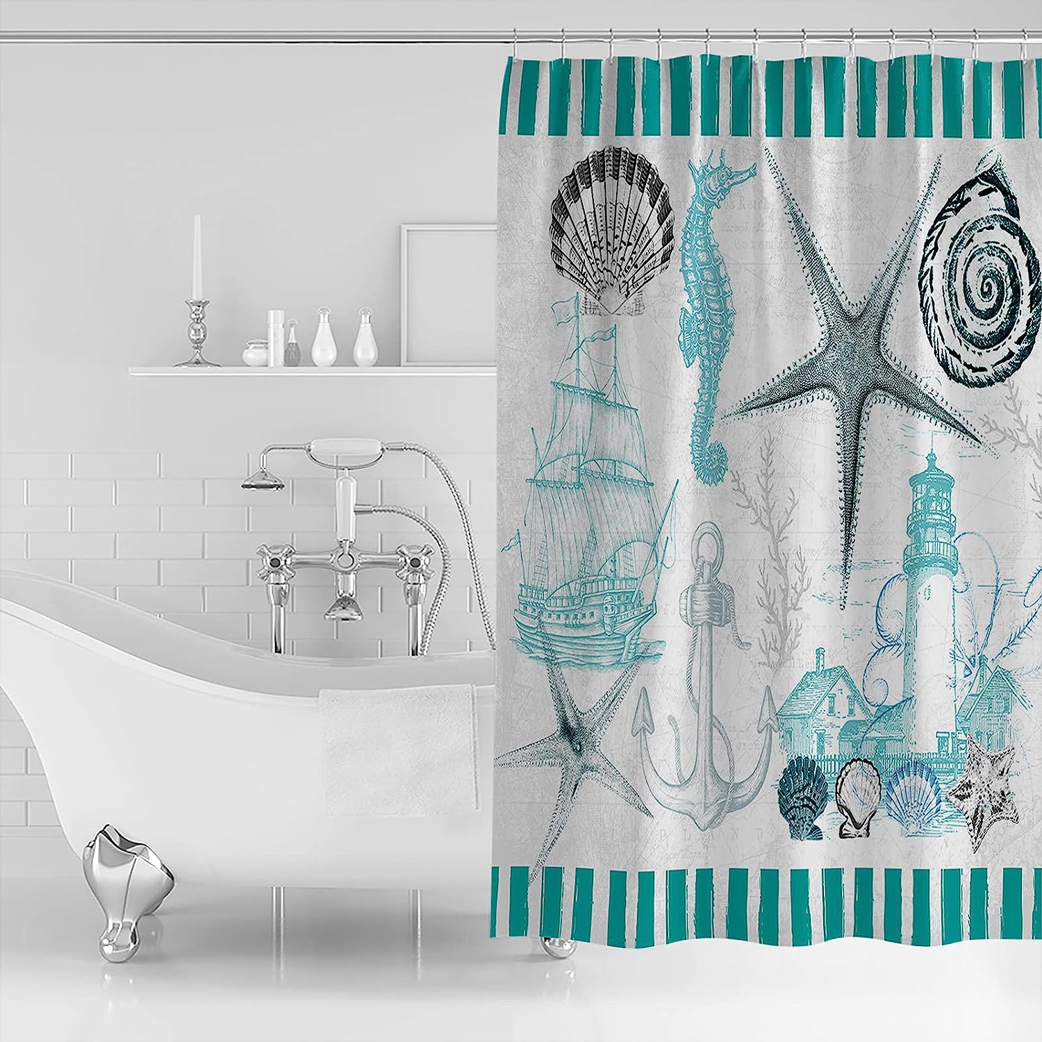 Green Ocean Texture Seashell Lighthouse Seahorse Shower Curtain, Beach Bathroom Decor