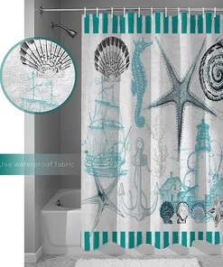Green Ocean Texture Seashell Lighthouse Seahorse Shower Curtain, Beach Bathroom Decor