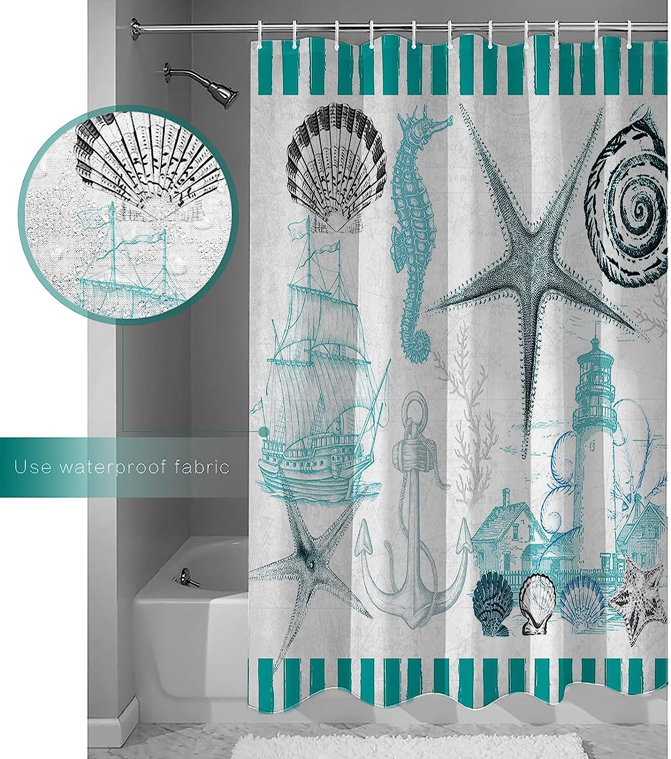 Green Ocean Texture Seashell Lighthouse Seahorse Shower Curtain, Beach Bathroom Decor