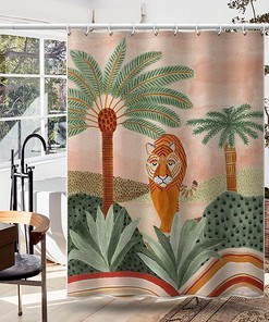 Green Orange Tiger And Plant Print Shower Curtain With Waterproof Fabric For Your Bathroom 
