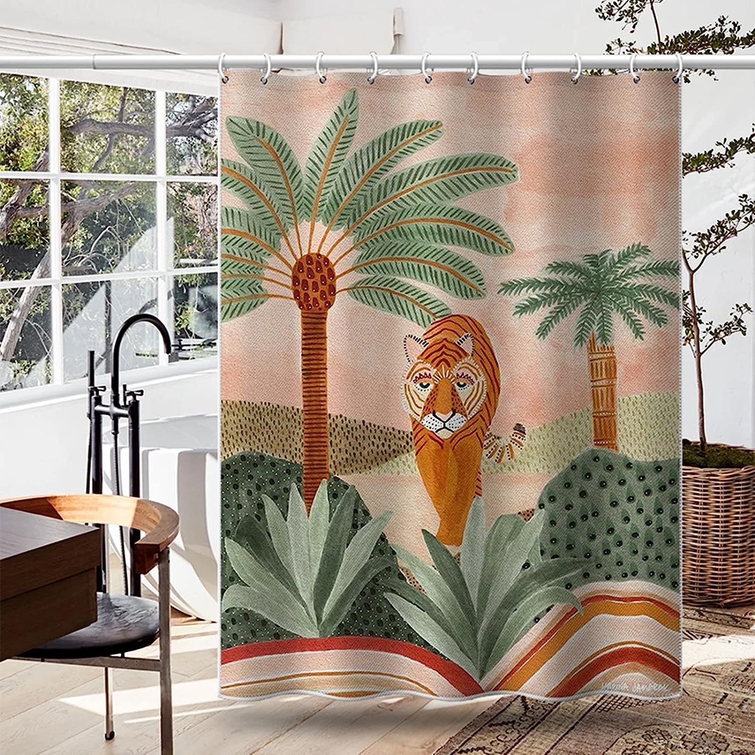 Green Orange Tiger And Plant Print Shower Curtain With Waterproof Fabric For Your Bathroom