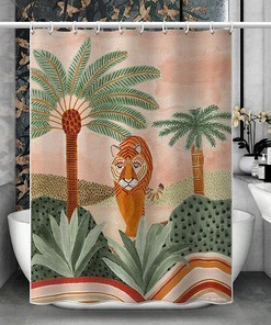 Green Orange Tiger And Plant Print Shower Curtain With Waterproof Fabric For Your Bathroom