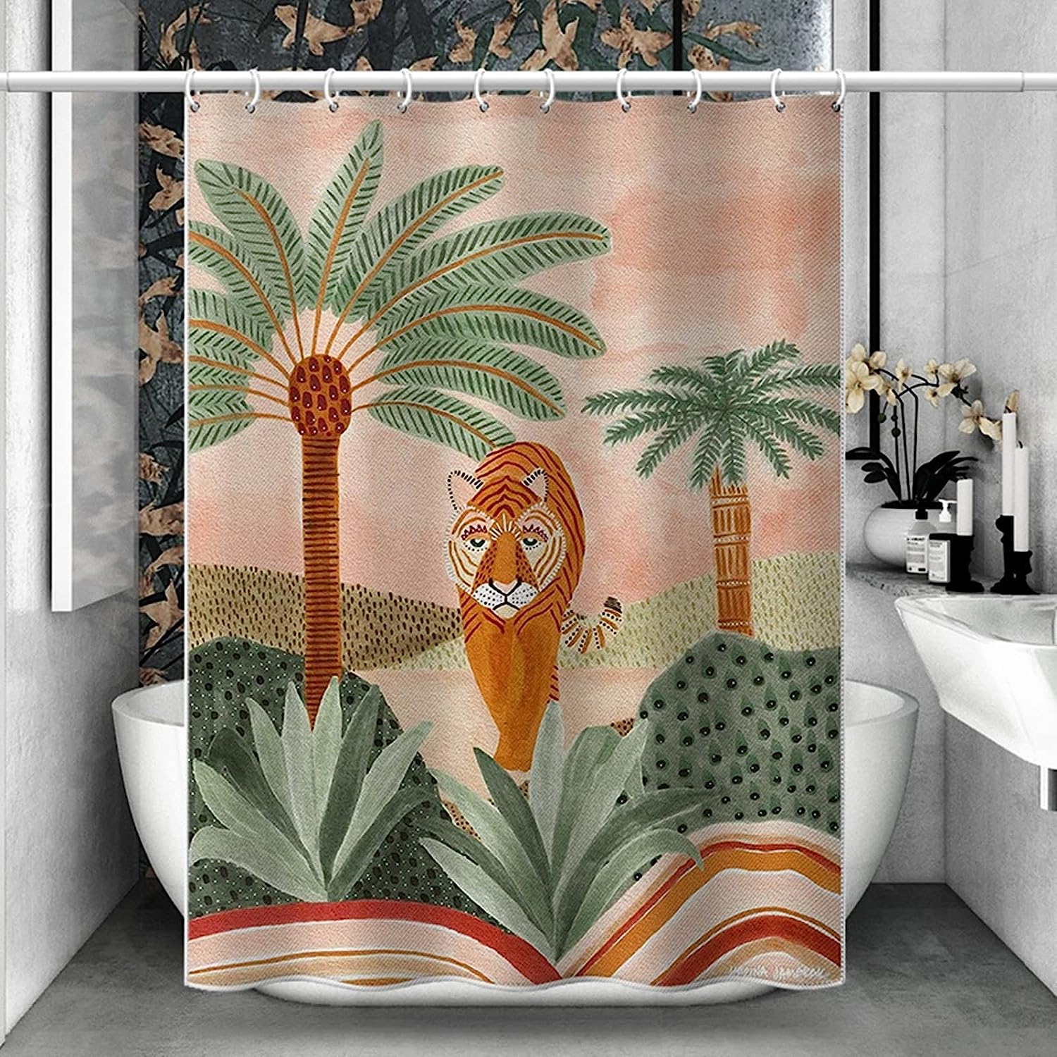 Green Orange Tiger And Plant Print Shower Curtain With Waterproof Fabric For Your Bathroom