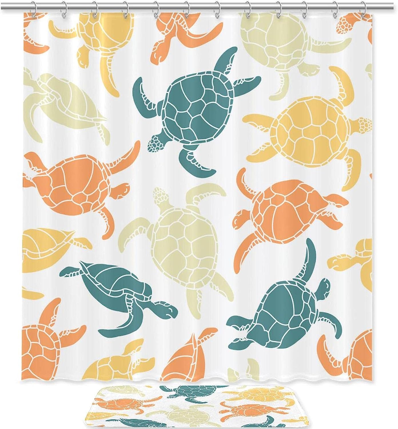 Green Orange Yellow Turtles Pattern Shower Curtain With Waterproof Fabric For Your Bathroom