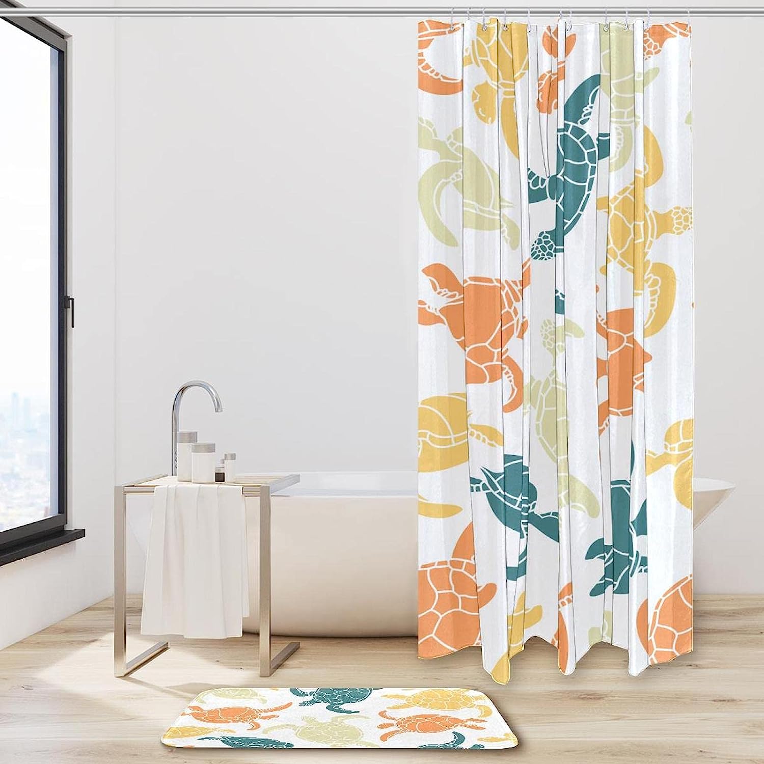 Green Orange Yellow Turtles Pattern Shower Curtain With Waterproof Fabric For Your Bathroom