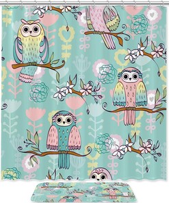 Green Owl Sitting On Branches Waterproof Shower Curtain For Your Bathroom
