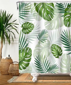 Green Palm Fabric Bathroom Curtain with Tropical Leaves Design, Lush and Fresh 