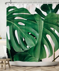 Green Palm Fabric Bathroom Curtain with Tropical Leaves Design, Lush and Fresh