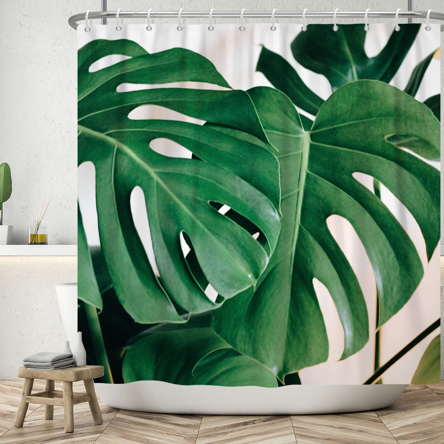 Green Palm Fabric Bathroom Curtain with Tropical Leaves Design, Lush and Fresh
