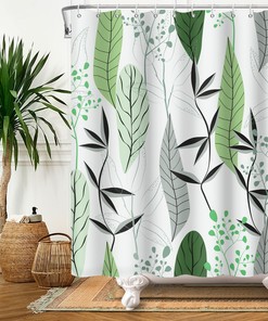 Green Palm Fabric Bathroom Curtain with Tropical Leaves Design, Lush and Fresh