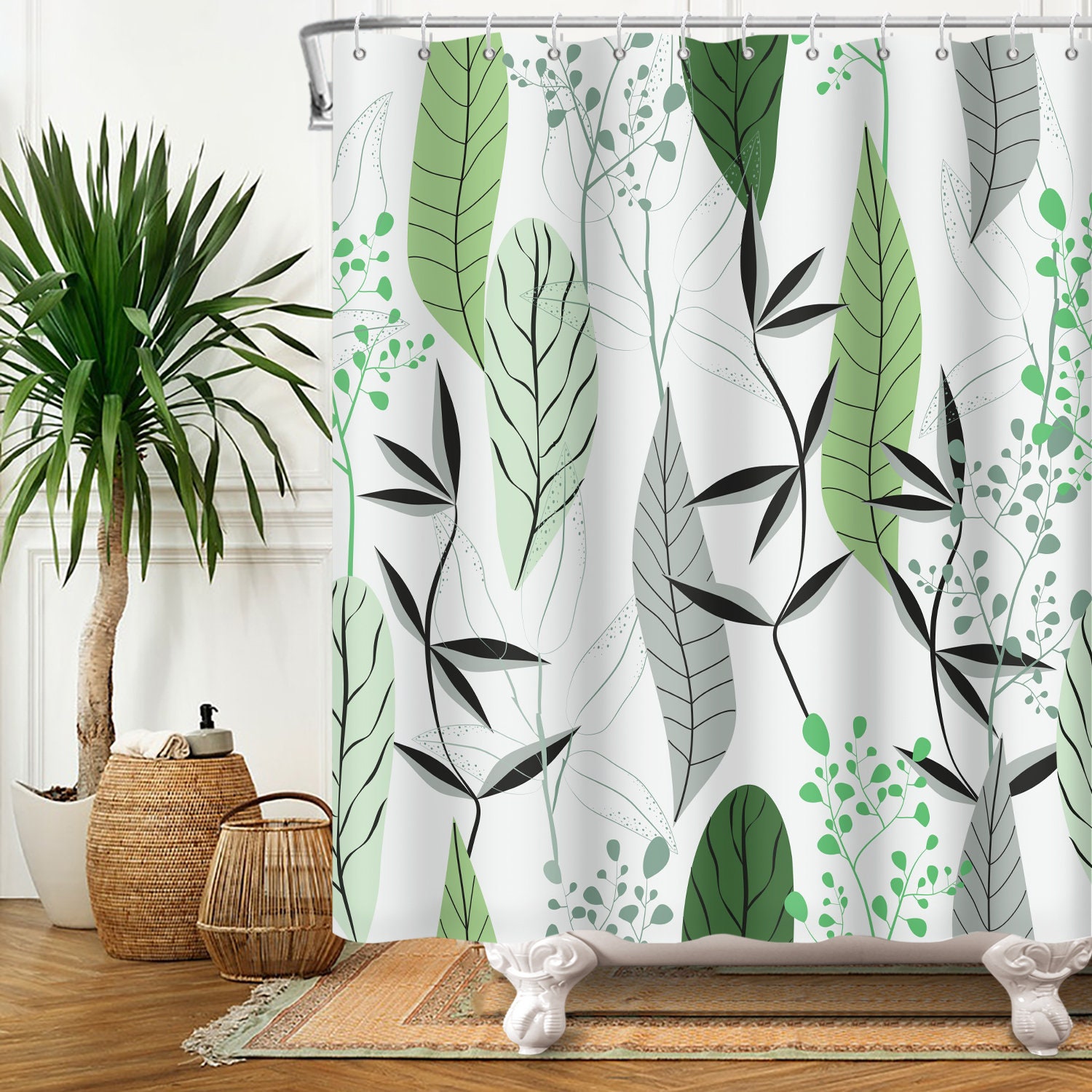 Green Palm Fabric Bathroom Curtain with Tropical Leaves Design, Lush and Fresh