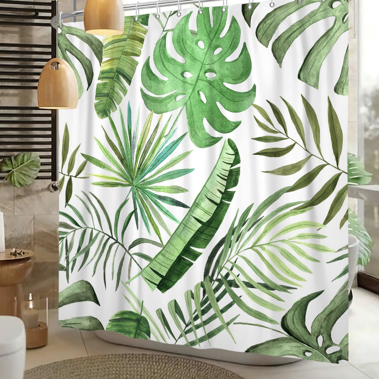 Green Palm Fabric Bathroom Curtain with Tropical Leaves Design, Lush and Fresh