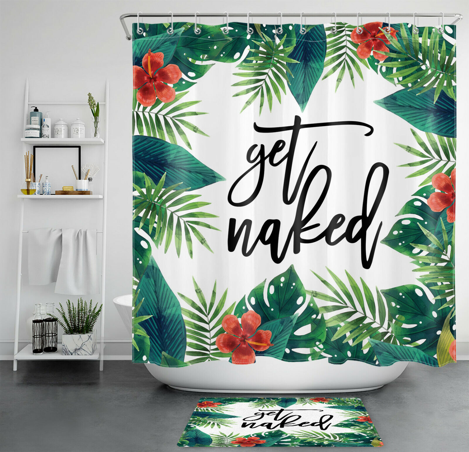 Green Palm Flower Blossom Shower Curtain with Unique Design, Vintage Bathroom Shower Curtains