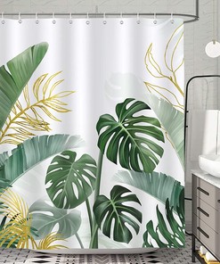 Green Palm Leaf Bonhause Tropical Shower Curtain, Botanical Plants Design, Waterproof Fabric For The Bathroom