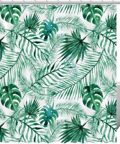 Green Palm Leaf Fabric Shower Curtain for Bathroom Decor
