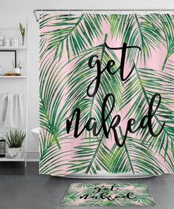 Green Palm Leaf On Pink Shower Curtain For Tropical Bathroom Decor