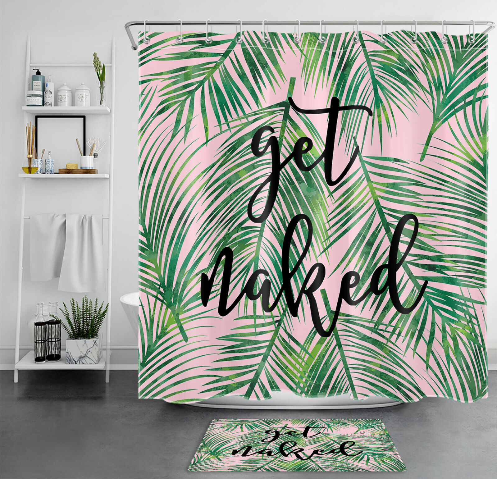 Green Palm Leaf On Pink Shower Curtain For Tropical Bathroom Decor