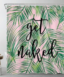 Green Palm Leaf On Pink Shower Curtain For Tropical Bathroom Decor