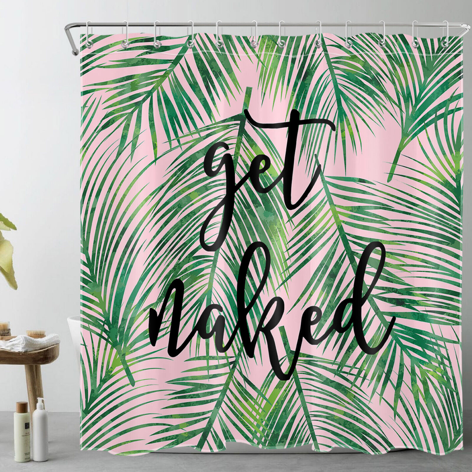Green Palm Leaf On Pink Shower Curtain For Tropical Bathroom Decor