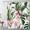 Green Palm Leaf and Pink Tropical Flower Bathroom Shower Curtain with Plant Design