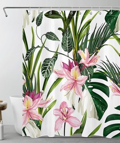 Green Palm Leaf and Pink Tropical Flower Bathroom Shower Curtain with Plant Design