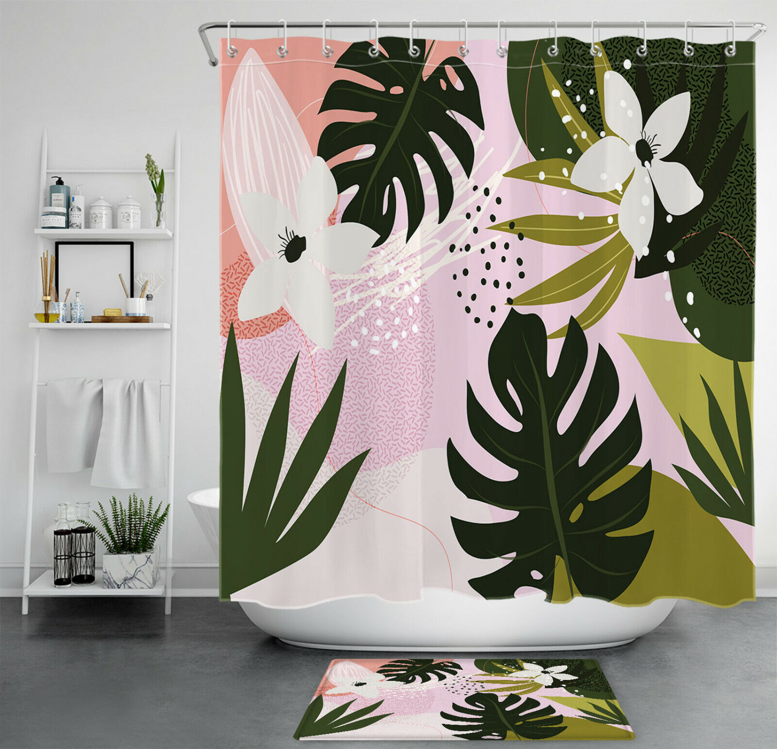 Green Palm Leaves And White Flowers Shower Curtain For A Tropical Bathroom