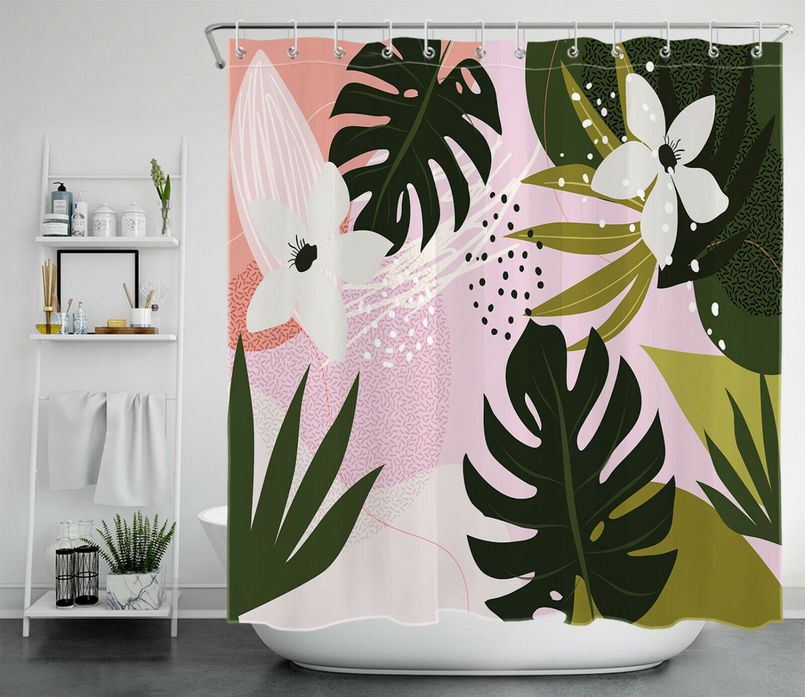 Green Palm Leaves And White Flowers Shower Curtain For A Tropical Bathroom - Image 2