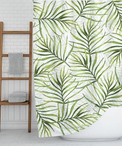 Green Palm Leaves Botanical Watercolor Boho Shower Curtain For Bohemian Bathroom Decor
