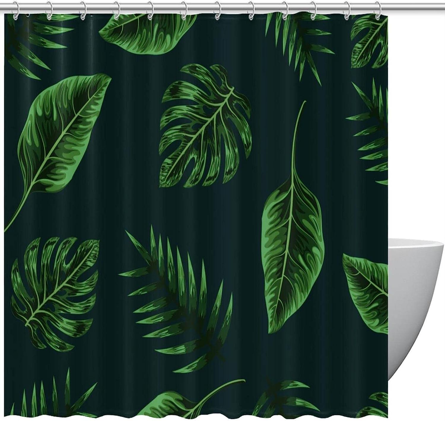 Green Palm Leaves Print Fabric Shower Curtain for Tropical Bathroom Decor