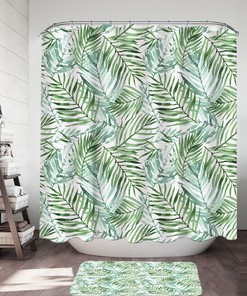 Green Palm Leaves Shower Curtain with Tropical Mood Design, for Bathroom Decor