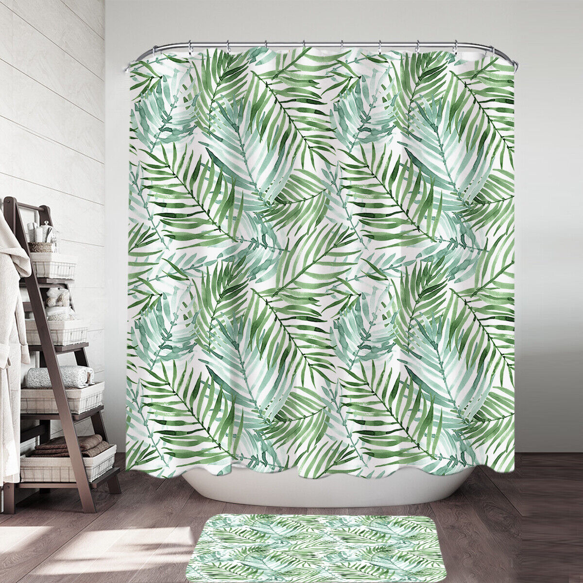 Green Palm Leaves Shower Curtain with Tropical Mood Design, for Bathroom Decor