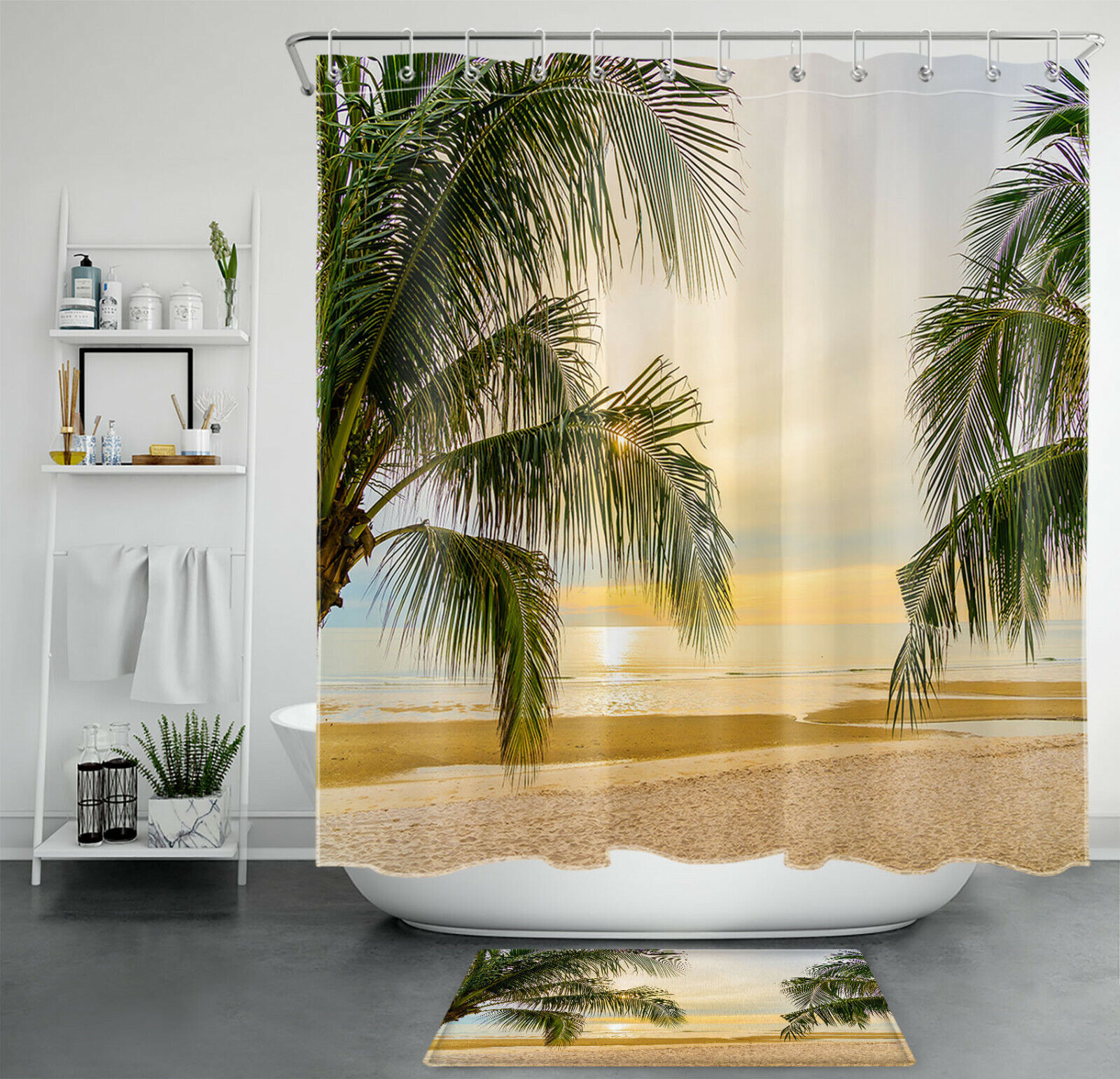 Green Palm Leaves: Tropical Shower Curtain for Sandy Beach Sunset Vibes