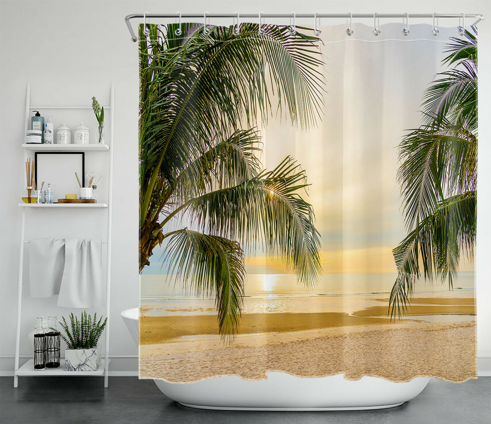 Green Palm Leaves: Tropical Shower Curtain for Sandy Beach Sunset Vibes