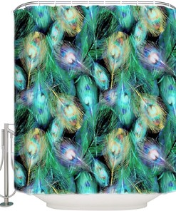 Green Peacock Feather Waterproof Fabric Shower Curtain For Bathroom