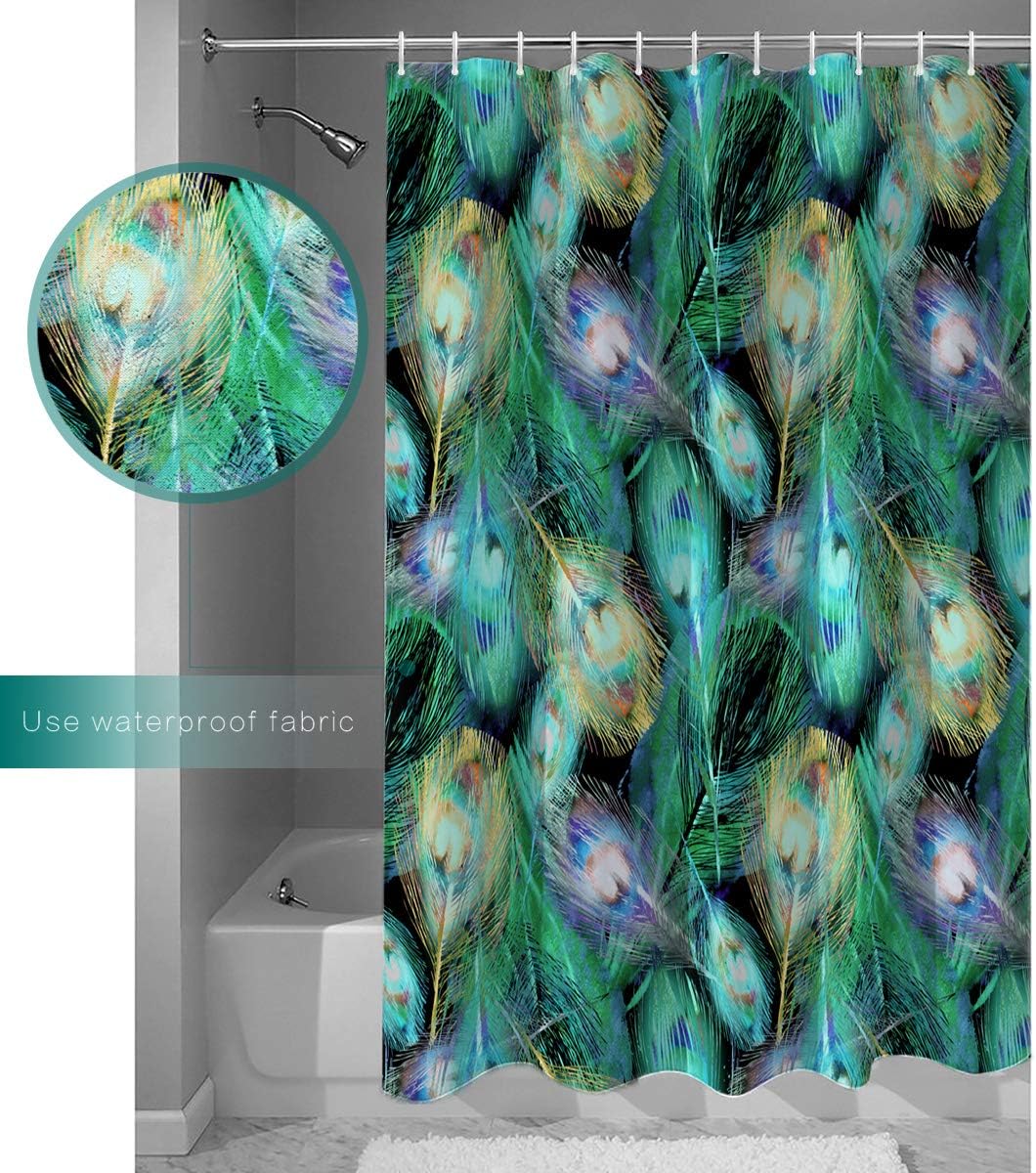 Green Peacock Feather Waterproof Fabric Shower Curtain For Bathroom - Image 2