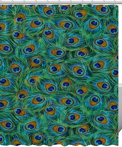 Green Peacock Leather Floral Fabric Shower Curtain for Bathroom Decor