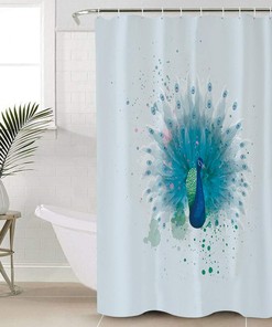 Green Peacock Watercolor Print Shower Curtain for Bathroom