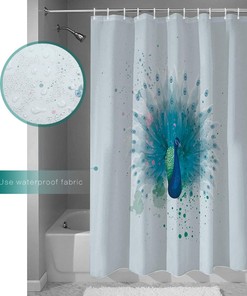 Green Peacock Watercolor Print Shower Curtain for Bathroom