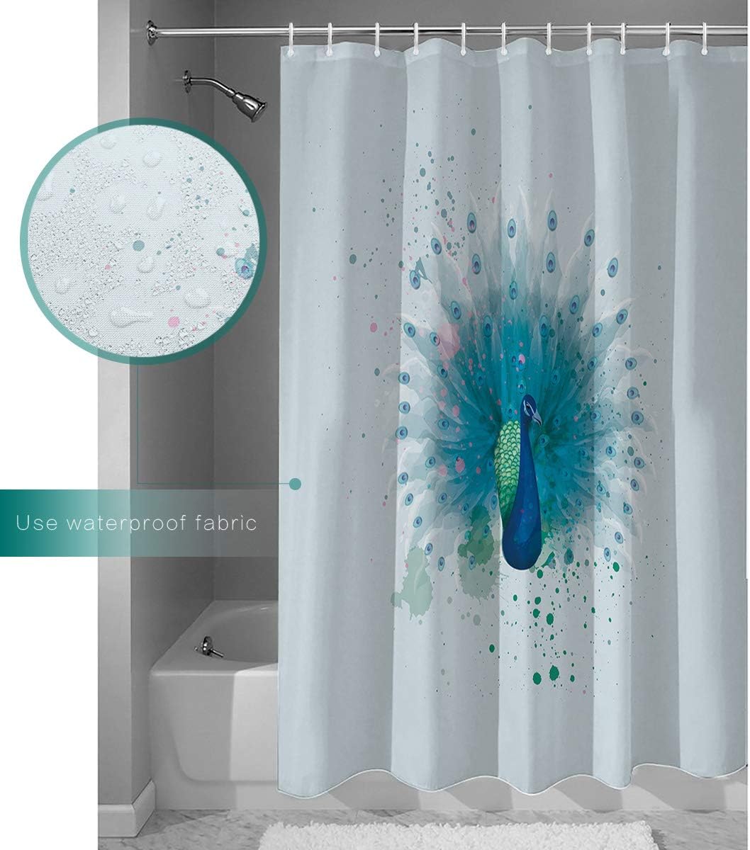 Green Peacock Watercolor Print Shower Curtain for Bathroom