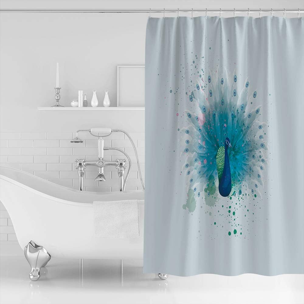 Green Peacock Watercolor Print Shower Curtain for Bathroom