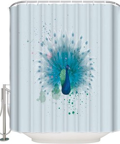 Green Peacock Watercolor Print Shower Curtain for Bathroom