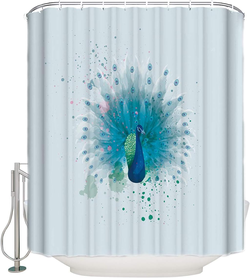 Green Peacock Watercolor Print Shower Curtain for Bathroom